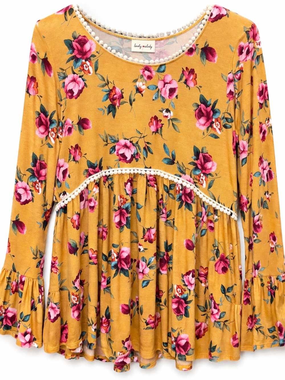 Lovely Melody Mustard Floral Babydoll Top XL Boho Peplum Bell Sleeve Rayon Blend - Picture 2 of 6